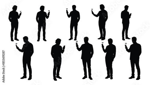 group of people standing and holding items black shapes on white background silhouette