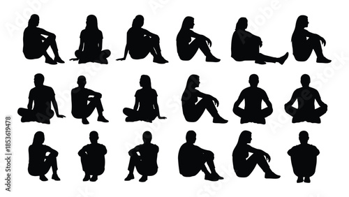 Diverse group of people in various yoga poses a striking black silhouette