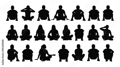 Diverse yoga poses depicted in black silhouettes showcasing mindfulness and well being silhouette