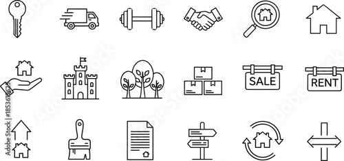 Real estate line icons set, property buy sell rent home delivery contract search warehouse moving service outline symbols collection for business web apps marketing