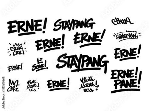 Diverse collection of black and white handwritten graffiti-style text elements. Features "ERNE!" and "STAYPANG" in various bold urban typography designs, ideal for street art projects.