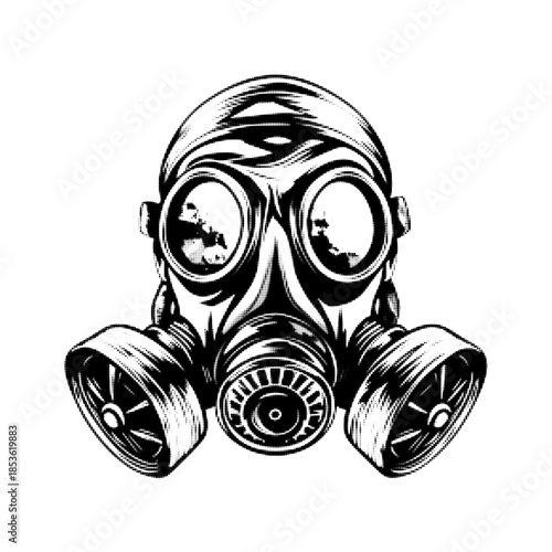 Detailed black and white illustration of a gas mask with filters and goggles. Industrial and military respirator design symbolizing danger, toxic environment, protection, and survival concept.