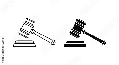 Two gavel illustrations one in light gray and one in black depicting justice and legal proceedings silhouette