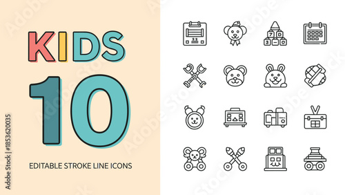 Collection of Editable Stroke Line Icons for Kids Related Themes.