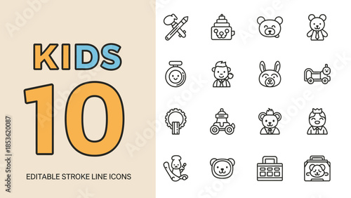 Collection of Kids Themed Line Icons for Various Uses.