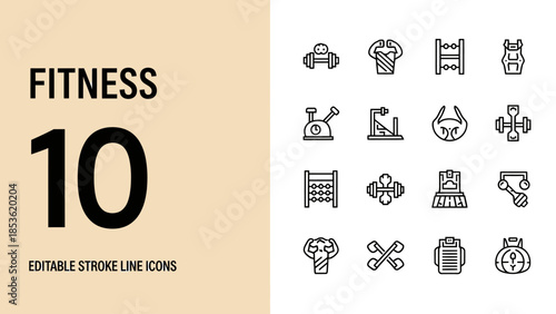Fitness 10 Editable Stroke Line Icons Set.