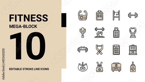 Fitness Mega Block 10 Editable Stroke Line Icons Collection.