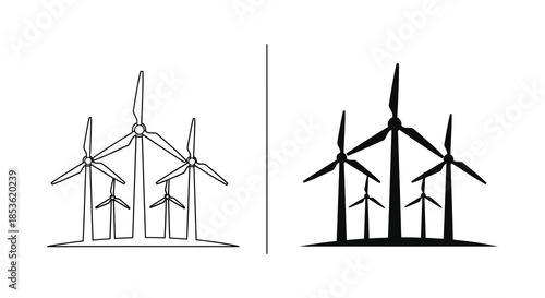 A comparative depiction of wind turbines in both outlined and striking silhouette form