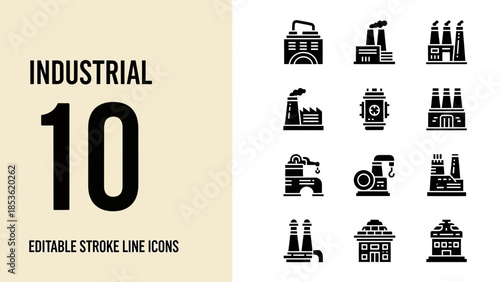 Industrial Factory Building Icons Set Collection.