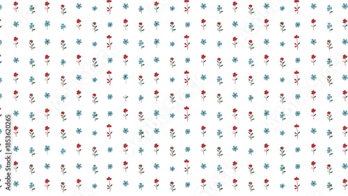 Minimalist seamless pattern featuring a ditsy print of small, simple hand-drawn red and blue flowers on a crisp white background.