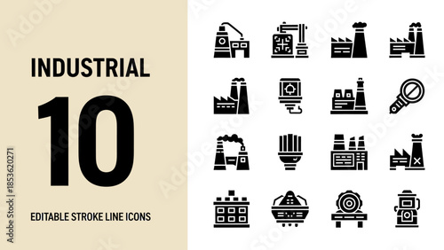 Industrial Icons Collection Representing Manufacturing and Production Processes.