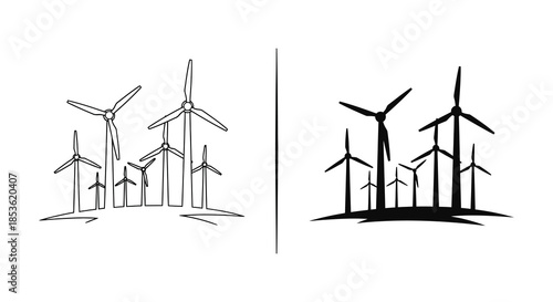 A contrasting view of wind turbines showcasing both line art and a striking dark silhouette