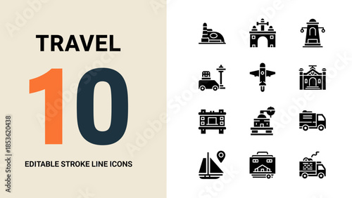 Travel Icons Collection Representing Various Destinations and Transportation.