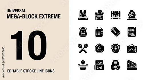 Universal Mega Block Extreme 10 Editable Stroke Line Icons Collection.