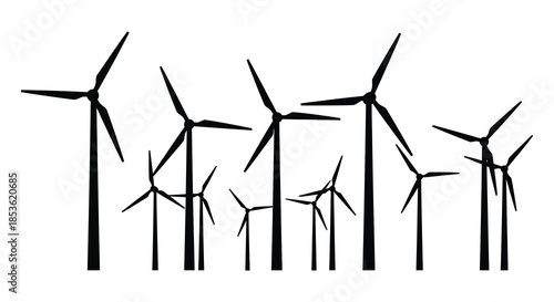 A minimalist depiction of several wind turbines standing in a field rendered as a silhouette