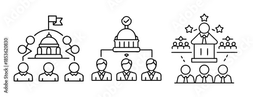 Government, election, politics, and leadership vector line icons