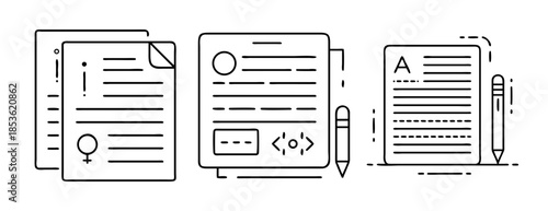 Vector line icons: document forms, content creation, coding, writing