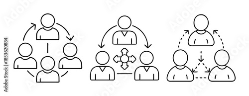 Diverse people collaboration network and management line icons set