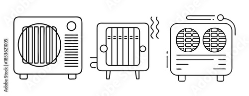 Outline icons of electric heaters and climate control devices set