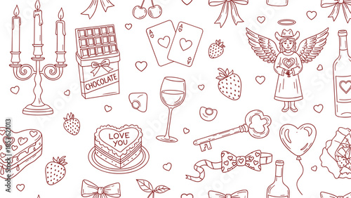 Vector illustration of romantic celebration icons, black and white sketches of love-themed Vector illustration of romantic celebration icons, black and white sketches of love-themed