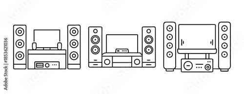 Home theater system line art icons set; entertainment electronics