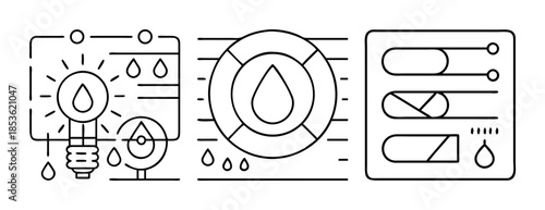Smart water and energy management system outline icons concept.