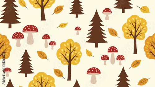 Charming seamless autumn pattern featuring yellow-leafed trees, pine trees, falling leaves, and red toadstool mushrooms on a cream background.