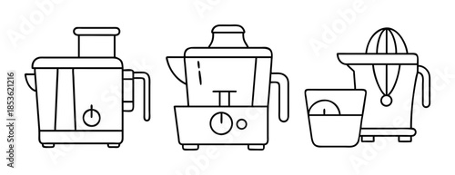 Kitchen appliance line art icons: juicer, blender, and citrus press