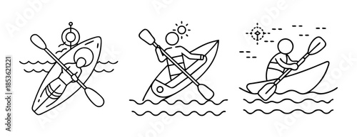 Kayaking water sport line art icon set. recreation activity symbols.