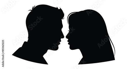 A striking depiction of a man and woman facing each other in a dark dramatic silhouette