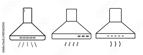 Line art kitchen range hoods icons set, showing various designs
