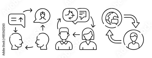 Global communication, language translation, and interaction icons