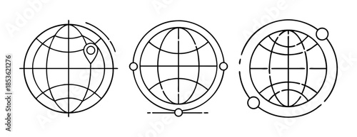 Global network and location line icons set for digital communication.