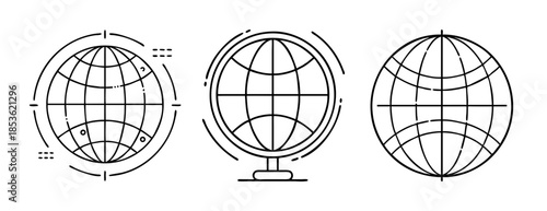 Global communication network and world map line art icons design