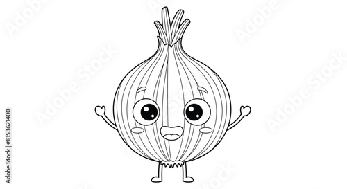 Happy onion vegetable cartoon character with big eyes and a wide smile standing with its arms raised in a very cheerful gesture.