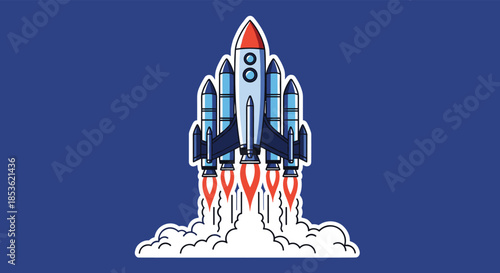 Powerful space rocket lifting off with bright orange flames and large clouds of white smoke against a dark blue outer space background.