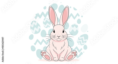 Adorable pink bunny character sitting in front of a blue background filled with various patterned blue Easter egg silhouettes.