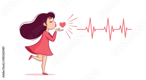 Young girl blowing a heart shaped kiss towards a pink heartbeat line to represent love and passion and healthy romantic emotions.