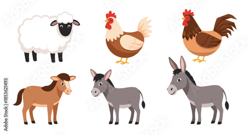 Large group of friendly farm animals including a sheep and chickens and a cow and two donkeys arranged for children learning.