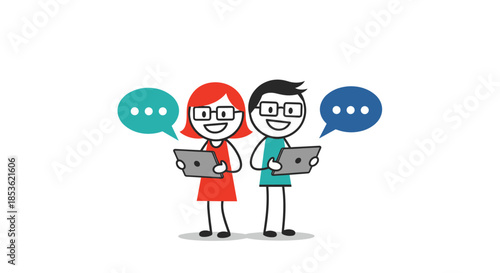 Man and woman stick figures with red and black hair using digital tablets to communicate with each other via colorful speech bubbles.