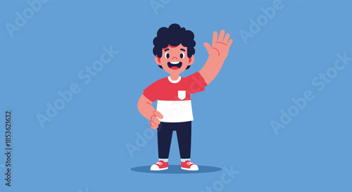 Friendly young boy standing on a blue background and waving his hand to say hello or goodbye with a very cheerful wide smile.