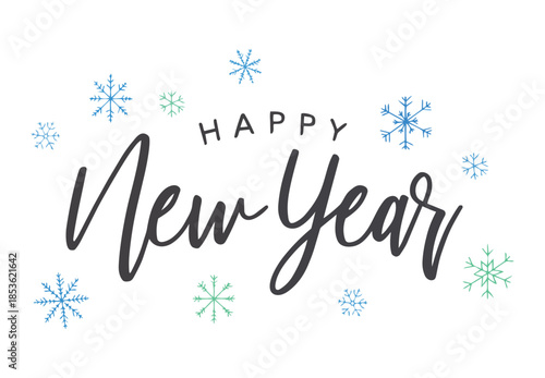 Happy New Year Text Surrounded by Blue and Green Snowflakes Keywords: happy new year, text