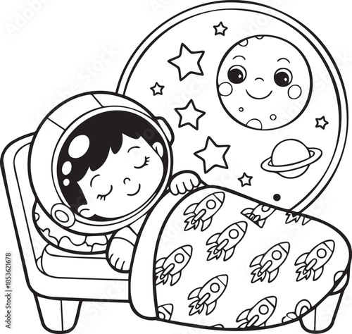 Astronaut Sleeping Peacefully in Space with Moon and Stars Vector Art