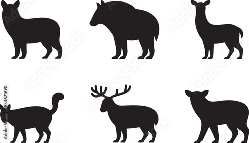 Animal silhouettes vector set featuring wild and farm animals in black illustration style