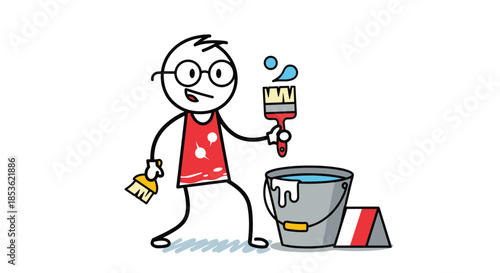 Enthusiastic stick figure man wearing glasses and a paint splattered shirt holding brushes next to a large bucket of blue paint.