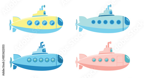 Collection of stylized cartoon submarines in yellow and blue and pink colors arranged in a grid for marine or underwater designs.
