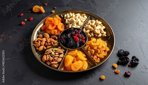 Wooden tray with six compartments of dried fruits and nuts on white surface