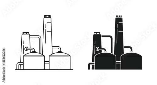 Industrial facility with multiple smokestacks and storage tanks a black and white illustration silhouette