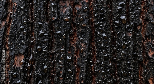 Detailed close-up of dark, textured tree bark covered in glistening water droplets, revealing rough, organic patterns.