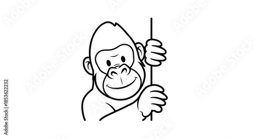 Curious gorilla character peeking from behind a vertical white edge in a simple and clean black and white line art style.